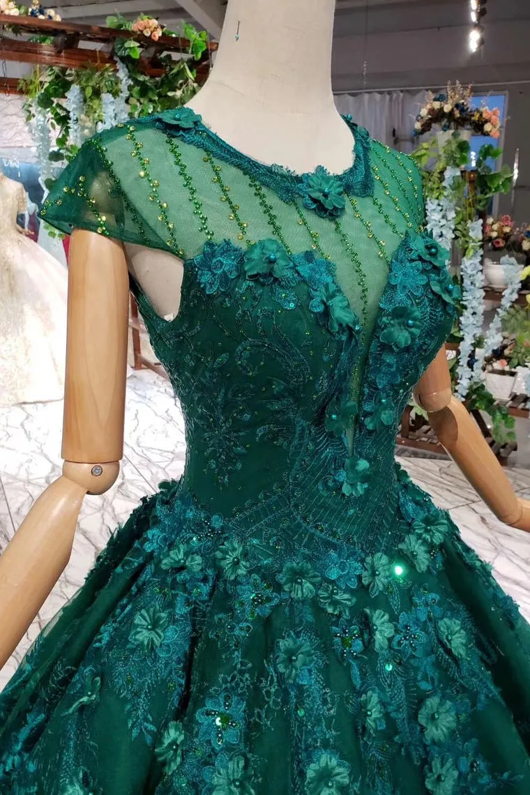 Elegant Scoop Cap Sleeves Prom Dress With Appliques Military Ball Gown OP642