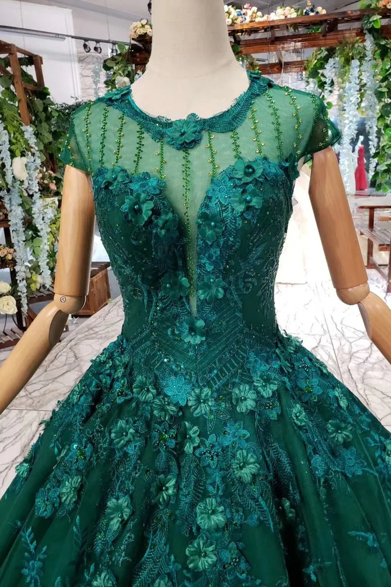 Elegant Scoop Cap Sleeves Prom Dress With Appliques Military Ball Gown OP642