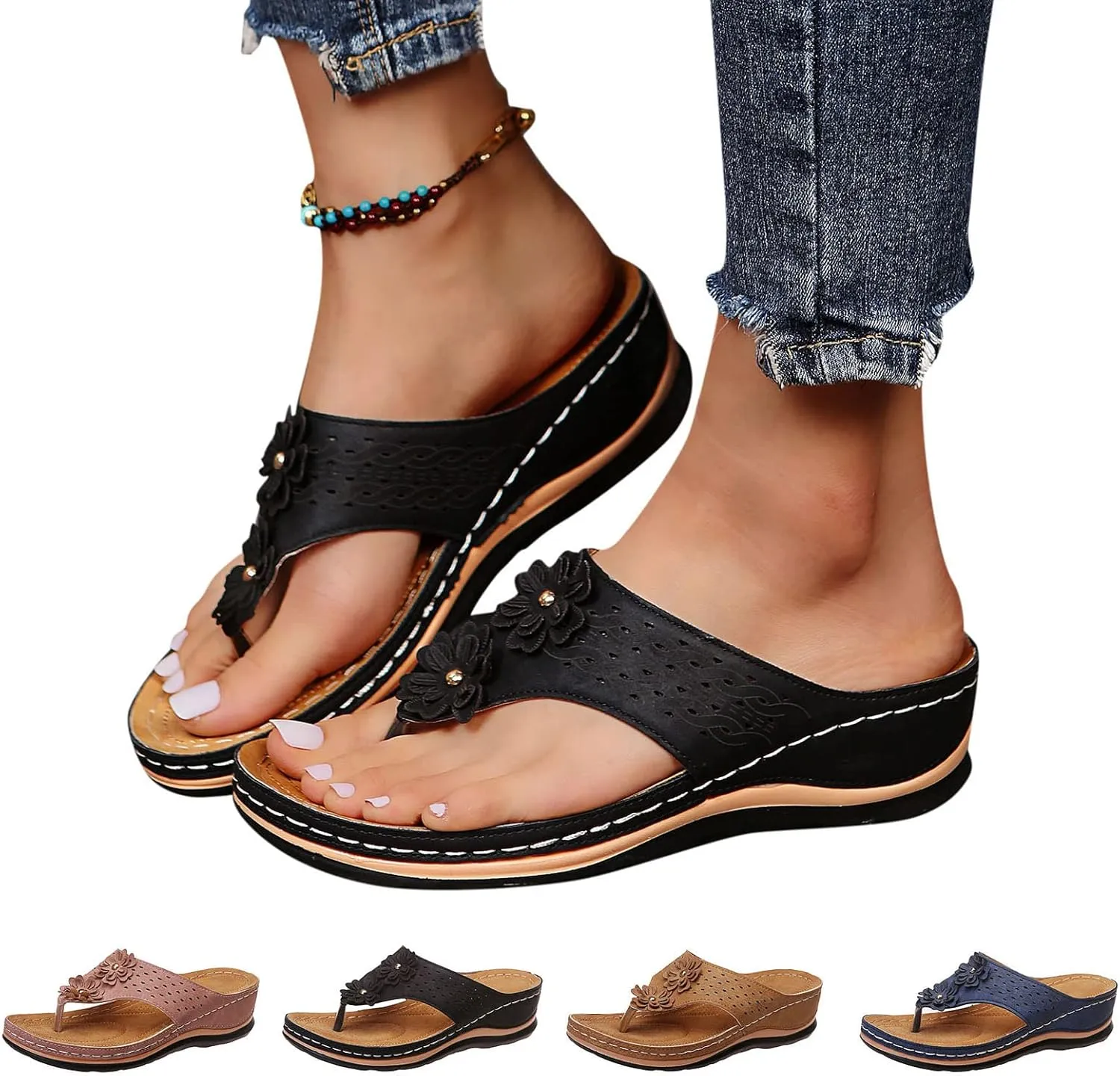 Flip Flops for Women with Arch Support Walking Thong Cushion Sandals Slip On Comfortable Summer Beach
