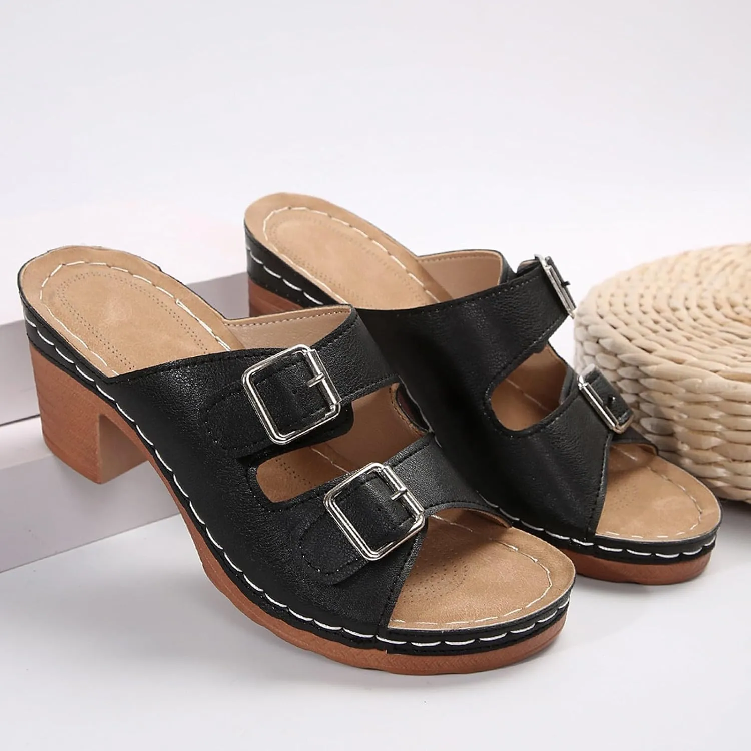 Heeled Sandals For Women 2025 Women's Two Strap Buckle Open Toe Platform Chunky Heels Sandal Comfortable Walking Casual Slippers Low Block Heels Slip On Womens Backless Slides Summer Mules