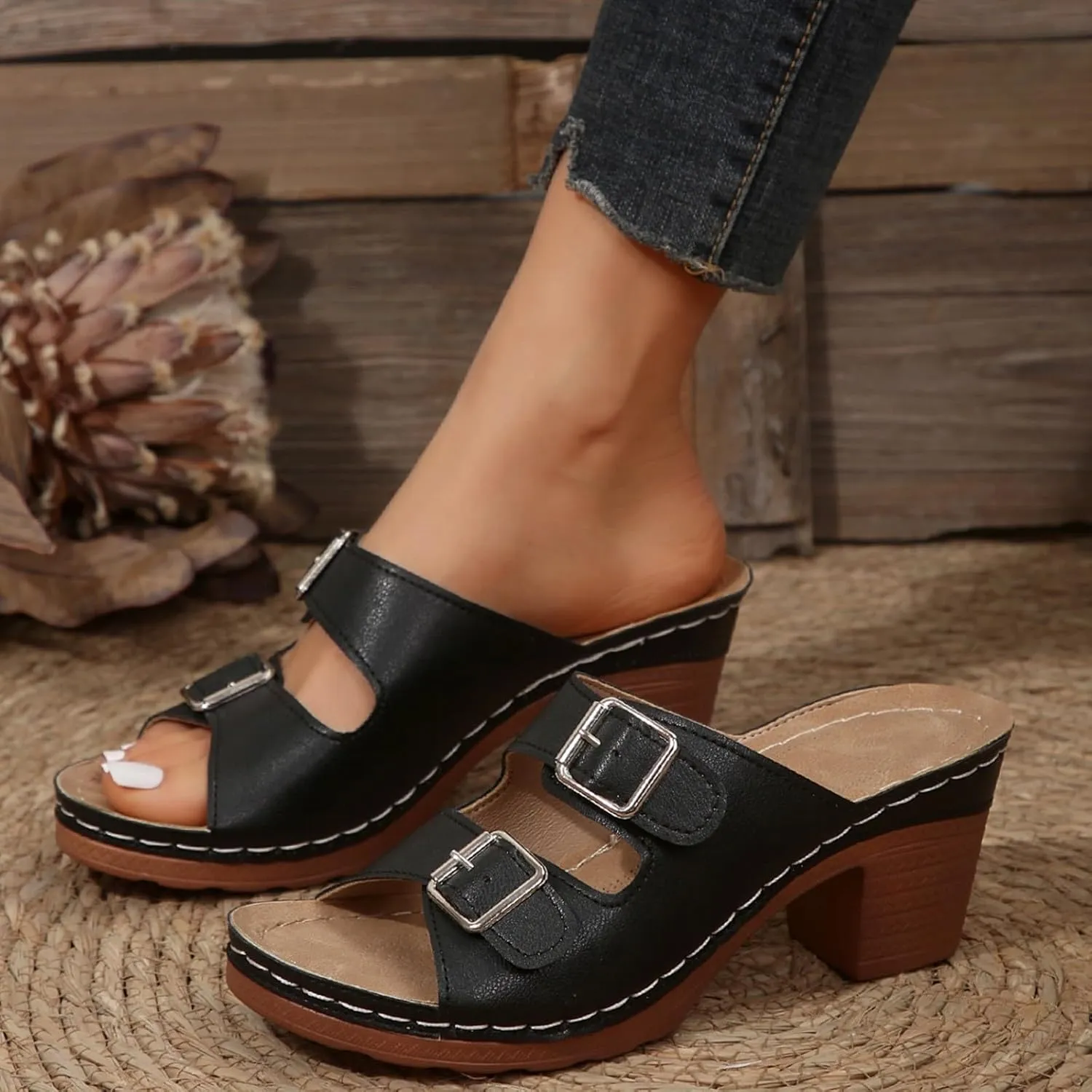 Heeled Sandals For Women 2025 Women's Two Strap Buckle Open Toe Platform Chunky Heels Sandal Comfortable Walking Casual Slippers Low Block Heels Slip On Womens Backless Slides Summer Mules