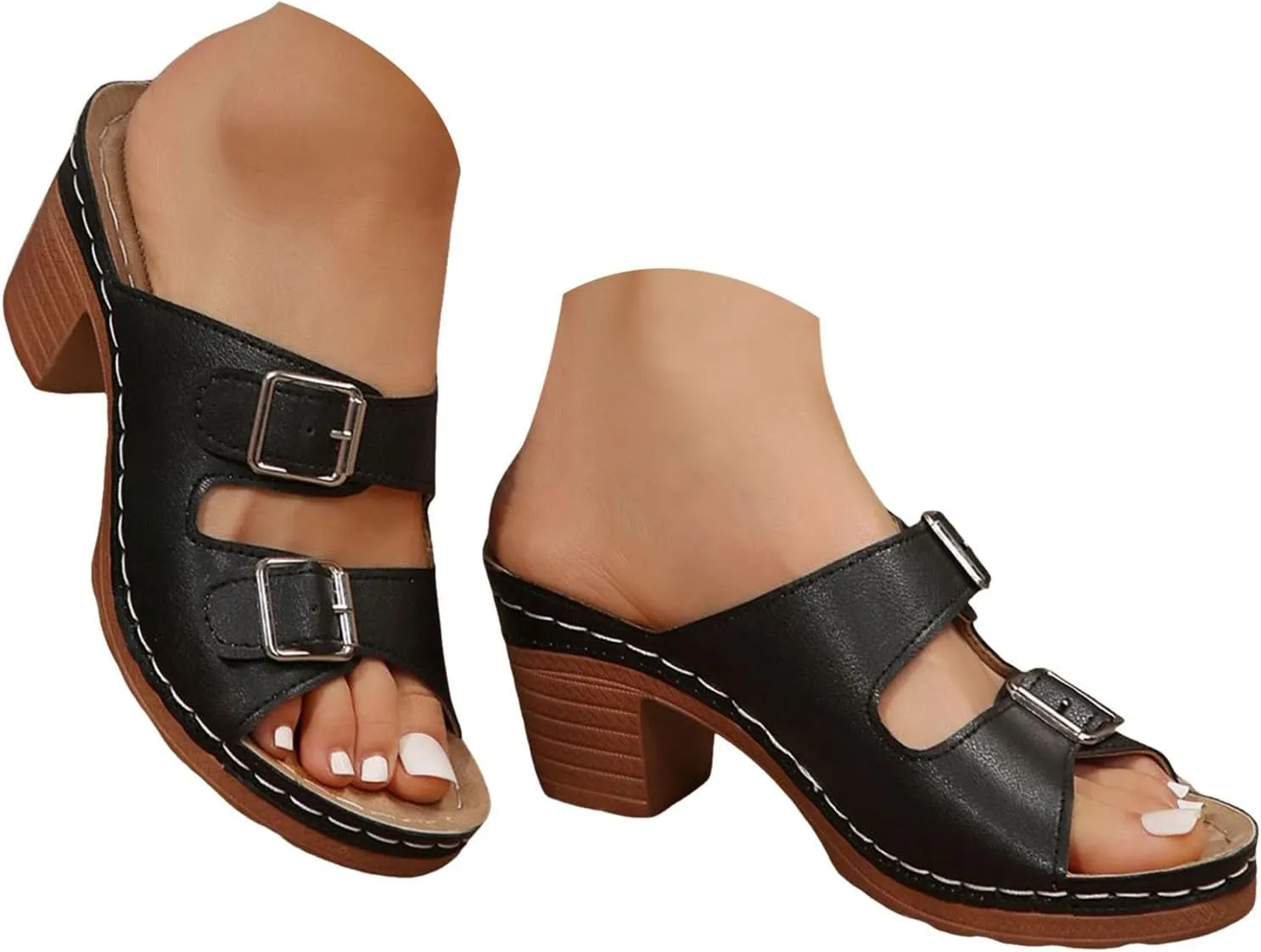 Heeled Sandals For Women 2025 Women's Two Strap Buckle Open Toe Platform Chunky Heels Sandal Comfortable Walking Casual Slippers Low Block Heels Slip On Womens Backless Slides Summer Mules