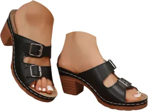 Heeled Sandals For Women 2025 Women's Two Strap Buckle Open Toe Platform Chunky Heels Sandal Comfortable Walking Casual Slippers Low Block Heels Slip On Womens Backless Slides Summer Mules