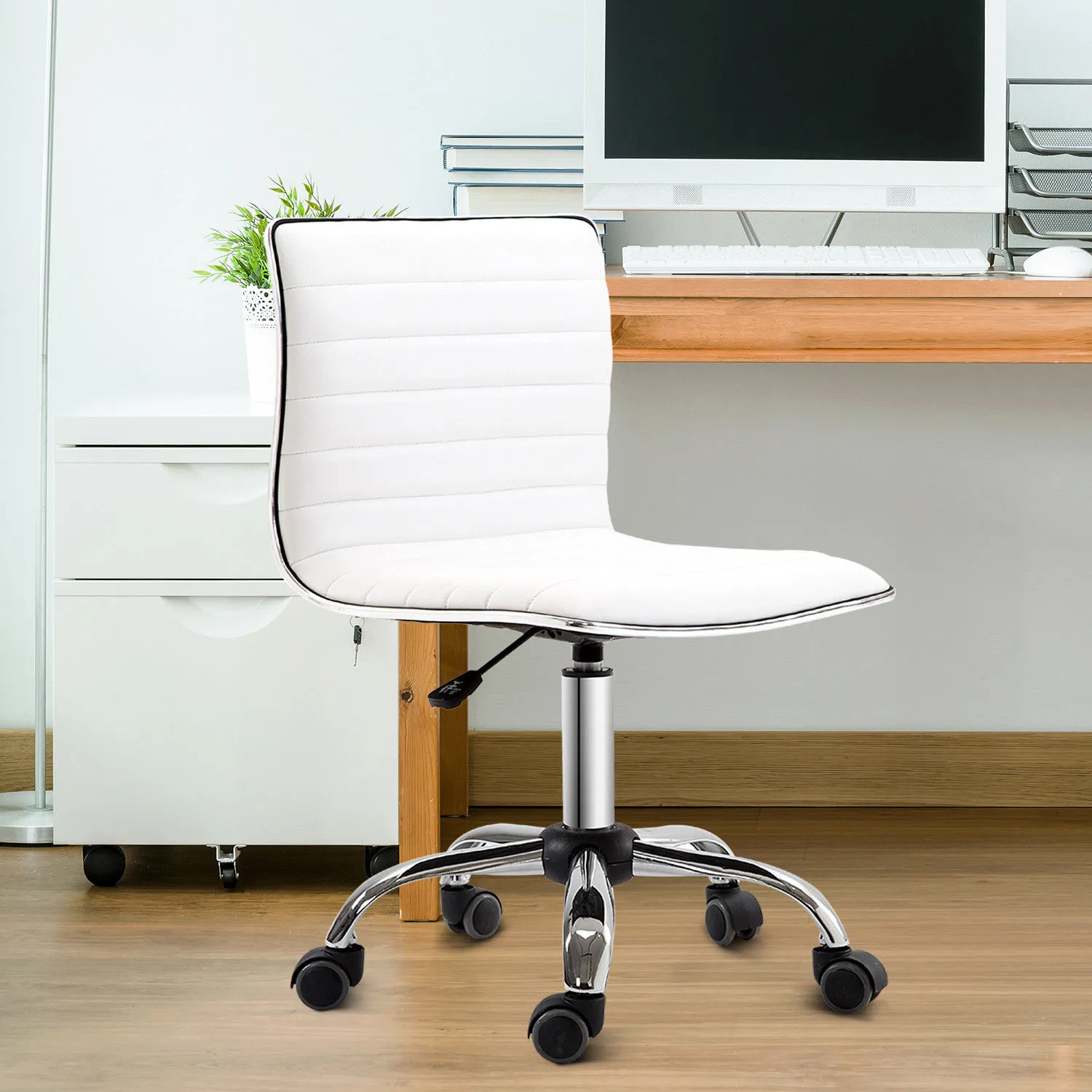 HOMCOM Adjustable Swivel Office Chair - White | Ergonomic PU Leather, Armless Mid-Back, Chrome Base - Perfect for Home Office