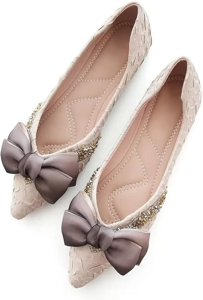 INEELUYI Women's Simple Elegant Style Pointy Toe Bow Dress Ballet Flats Comfortable Anti-Slip Walking Loafers