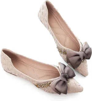 INEELUYI Women's Simple Elegant Style Pointy Toe Bow Dress Ballet Flats Comfortable Anti-Slip Walking Loafers