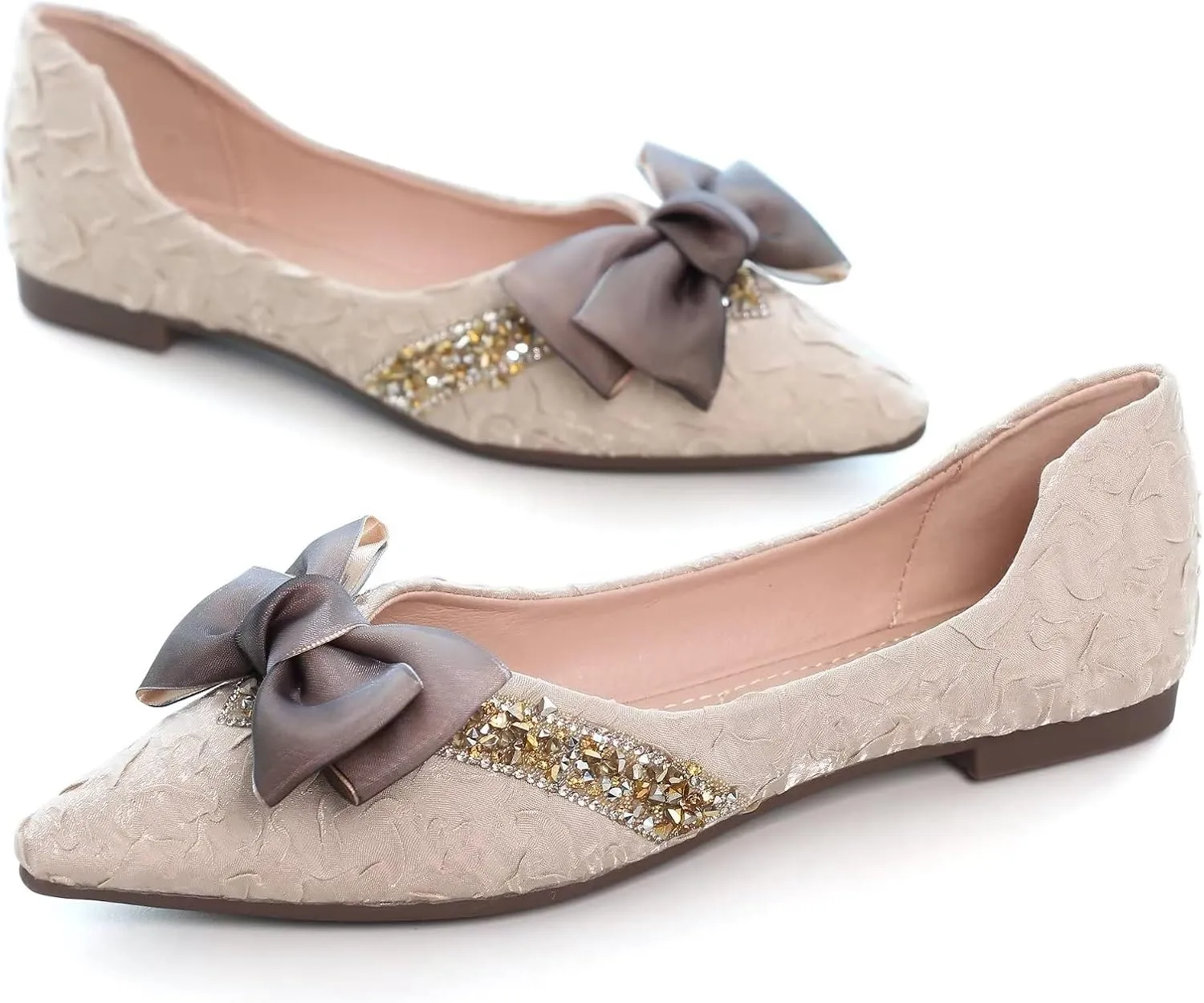 INEELUYI Women's Simple Elegant Style Pointy Toe Bow Dress Ballet Flats Comfortable Anti-Slip Walking Loafers