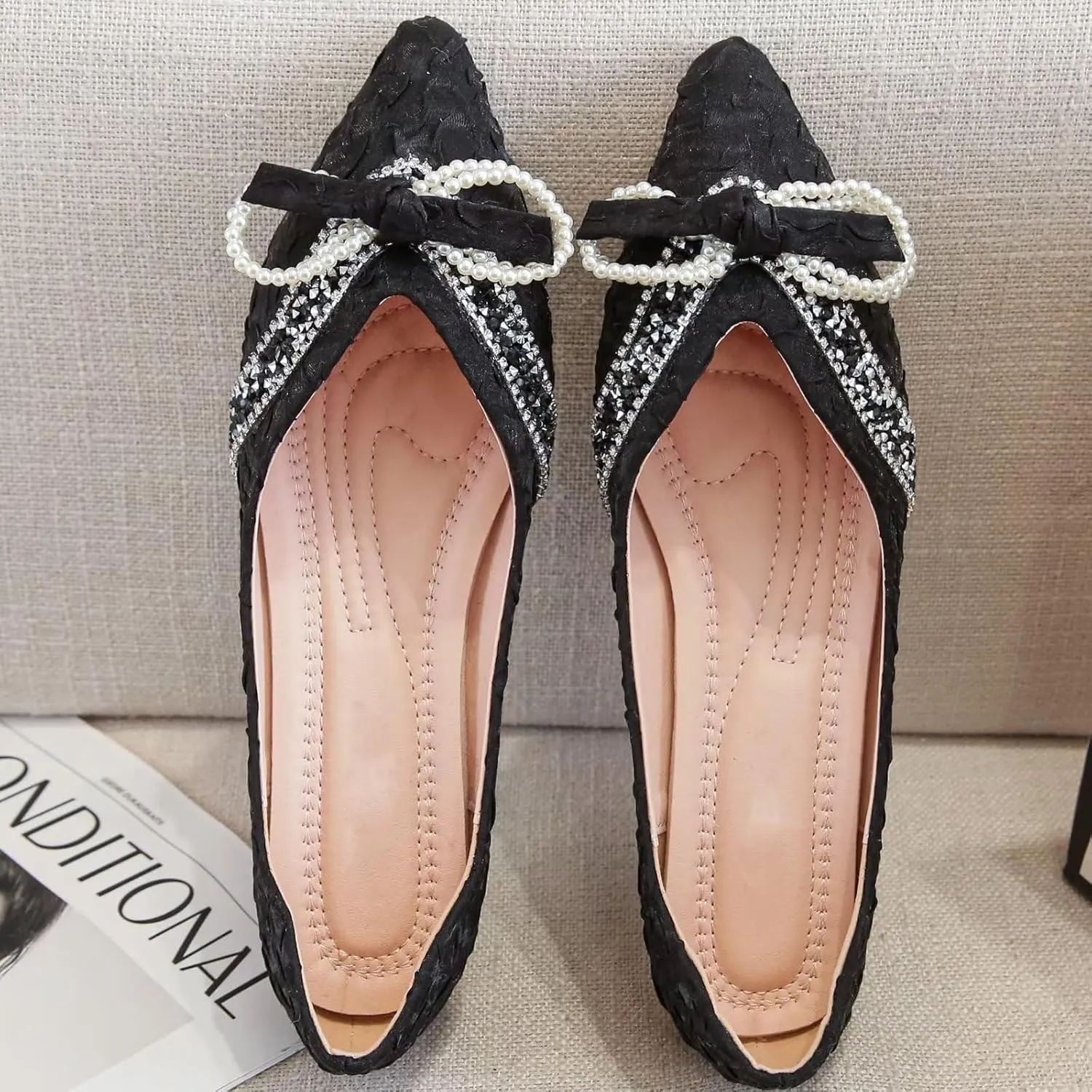 INEELUYI Women's Simple Elegant Style Pointy Toe Bow Dress Ballet Flats Comfortable Anti-Slip Walking Loafers