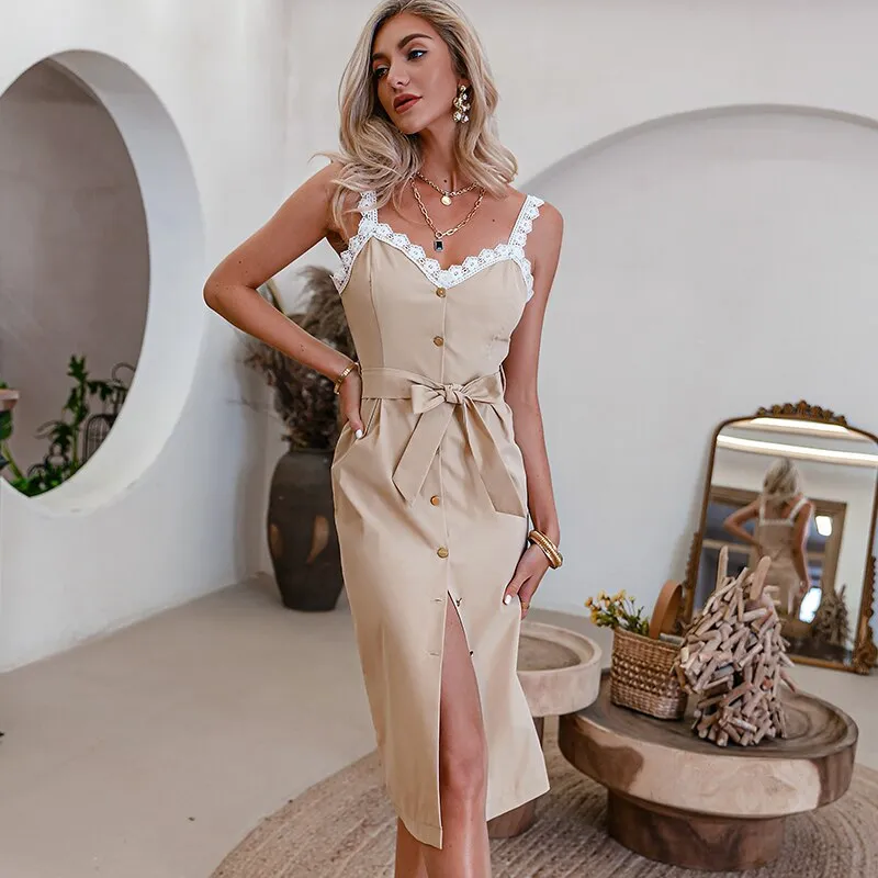 Joskaa Elegant High waist Vneck Spaghetti Strap Dress Summer Lace Straight Women Dress 2024 Solid Lace-up Button Bodycon Dress