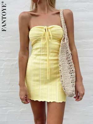 Joskaa hoco dresses Knitted Strapless Bandage Women Dress Green Sleeveless Solid Mini Dress Female Summer Skinny Elegant Beachwear 2024