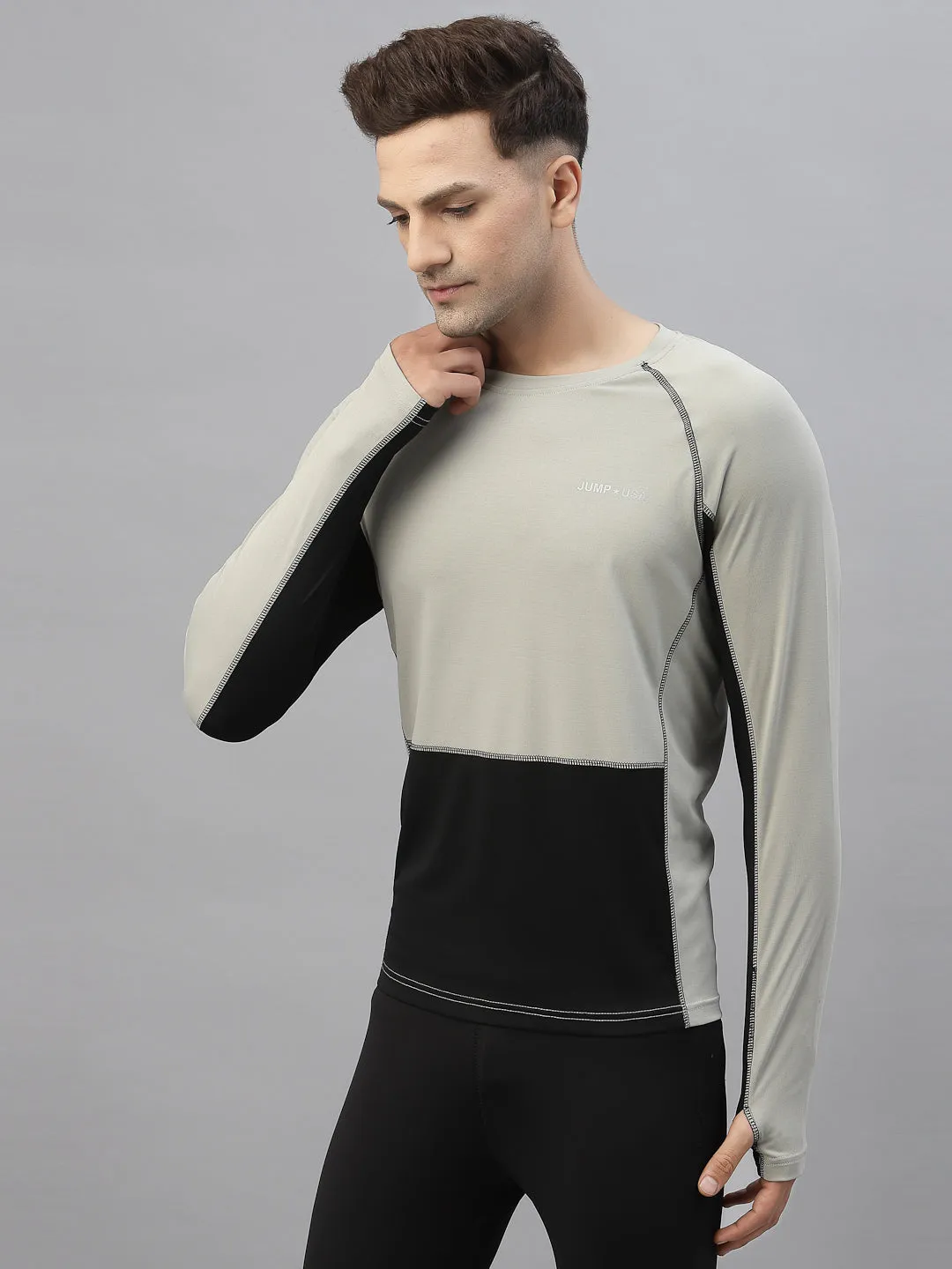 JUMP USA Outdoor Men Grey & Black Rapid-Dry Solid T-Shirts