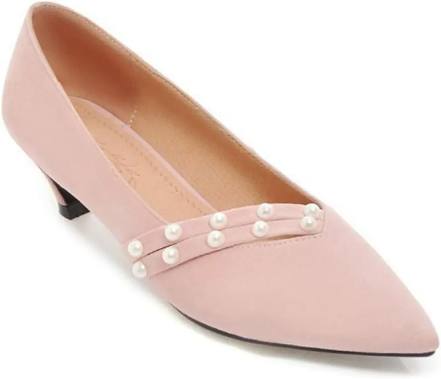 MIOKE Women's Pointed Toe Comfort Kitten Low Heels Pumps Fashion Pearls Suede Slip On Elegant Dress Shoes
