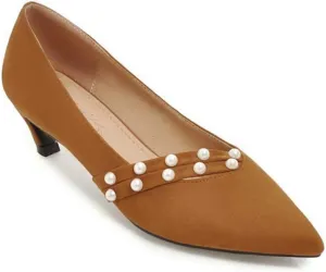 MIOKE Women's Pointed Toe Comfort Kitten Low Heels Pumps Fashion Pearls Suede Slip On Elegant Dress Shoes