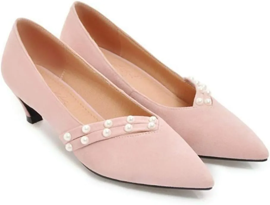 MIOKE Women's Pointed Toe Comfort Kitten Low Heels Pumps Fashion Pearls Suede Slip On Elegant Dress Shoes