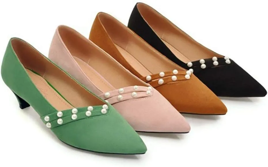 MIOKE Women's Pointed Toe Comfort Kitten Low Heels Pumps Fashion Pearls Suede Slip On Elegant Dress Shoes