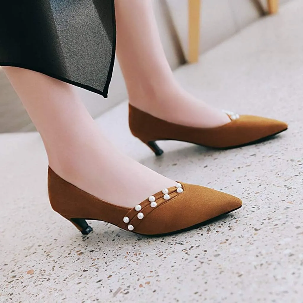 MIOKE Women's Pointed Toe Comfort Kitten Low Heels Pumps Fashion Pearls Suede Slip On Elegant Dress Shoes