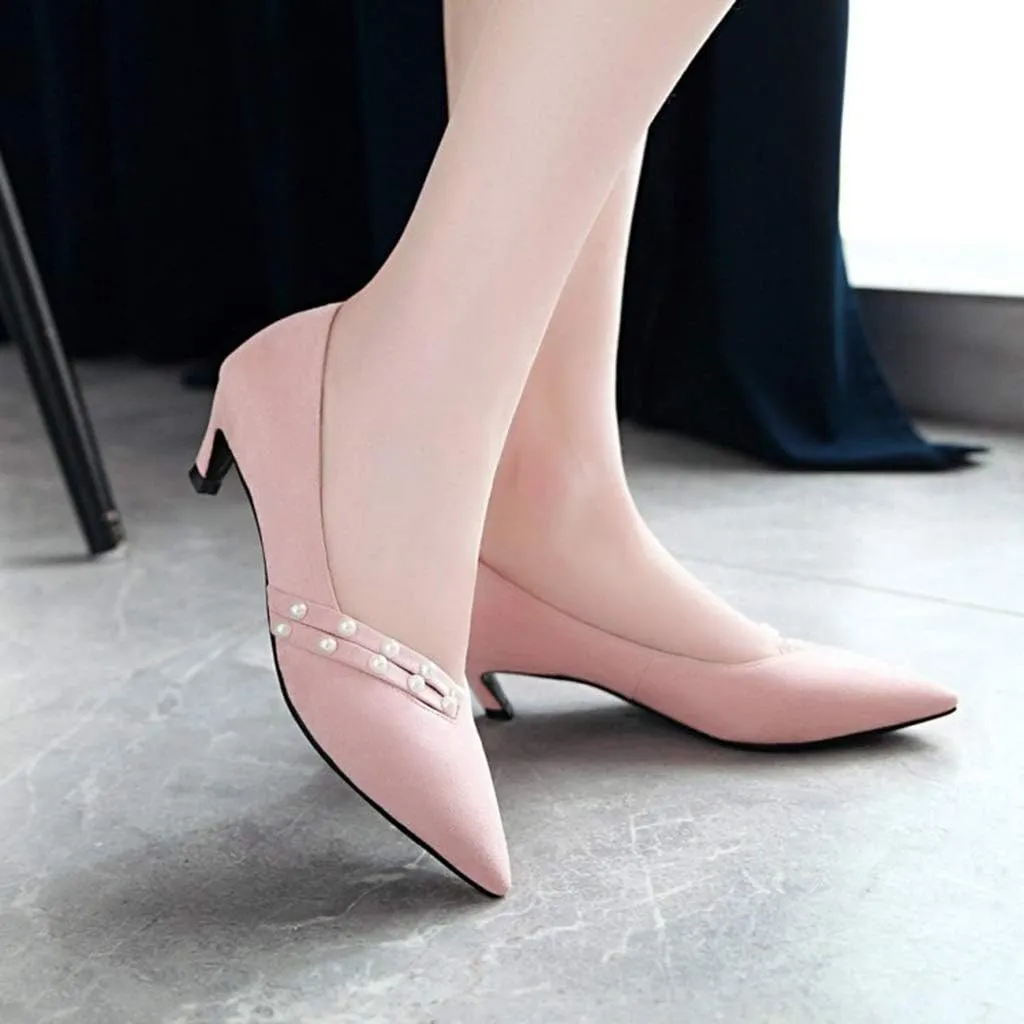 MIOKE Women's Pointed Toe Comfort Kitten Low Heels Pumps Fashion Pearls Suede Slip On Elegant Dress Shoes