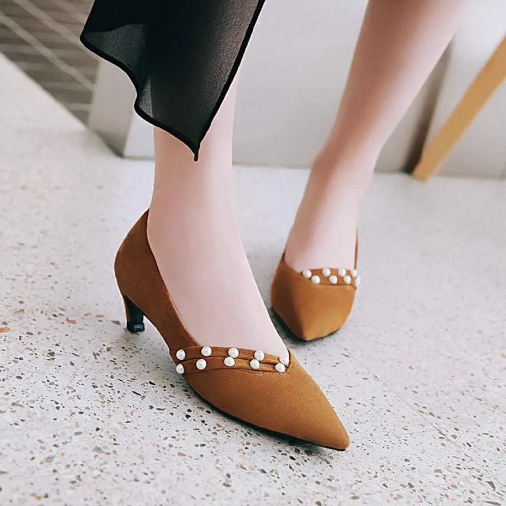 MIOKE Women's Pointed Toe Comfort Kitten Low Heels Pumps Fashion Pearls Suede Slip On Elegant Dress Shoes