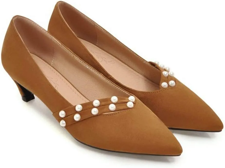 MIOKE Women's Pointed Toe Comfort Kitten Low Heels Pumps Fashion Pearls Suede Slip On Elegant Dress Shoes
