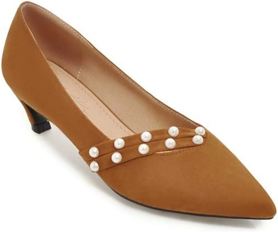 MIOKE Women's Pointed Toe Comfort Kitten Low Heels Pumps Fashion Pearls Suede Slip On Elegant Dress Shoes