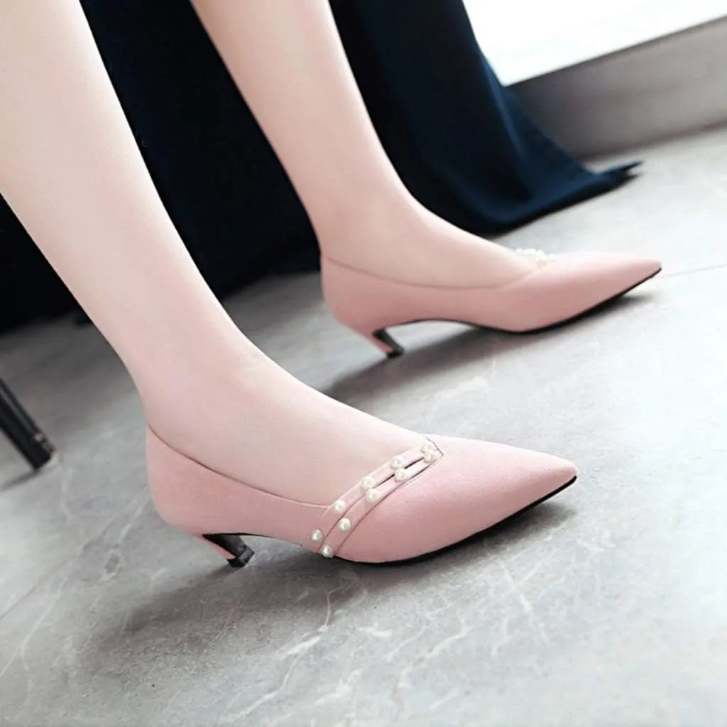 MIOKE Women's Pointed Toe Comfort Kitten Low Heels Pumps Fashion Pearls Suede Slip On Elegant Dress Shoes