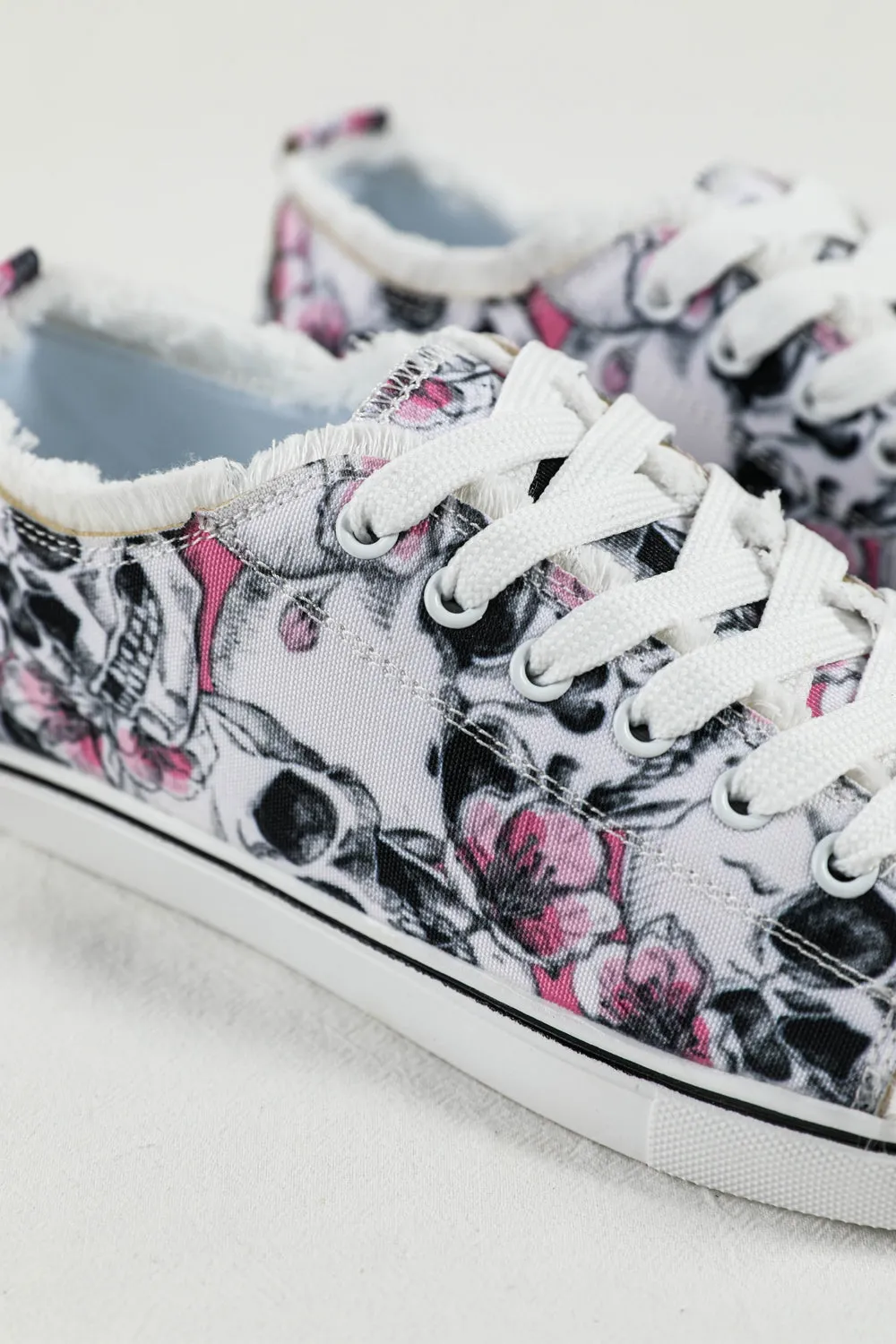 Skull Floral Print Canvas Shoes for Women Lace Up Sneakers