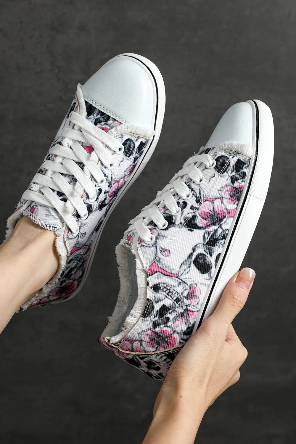 Skull Floral Print Canvas Shoes for Women Lace Up Sneakers