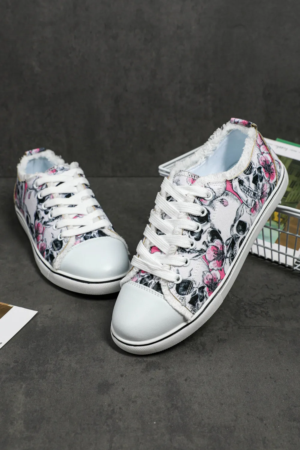 Skull Floral Print Canvas Shoes for Women Lace Up Sneakers