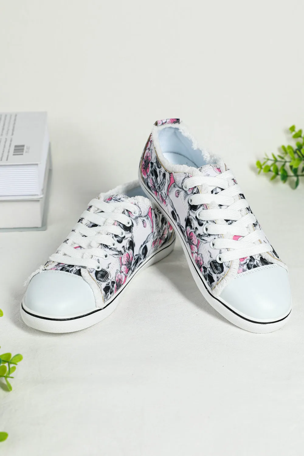 Skull Floral Print Canvas Shoes for Women Lace Up Sneakers