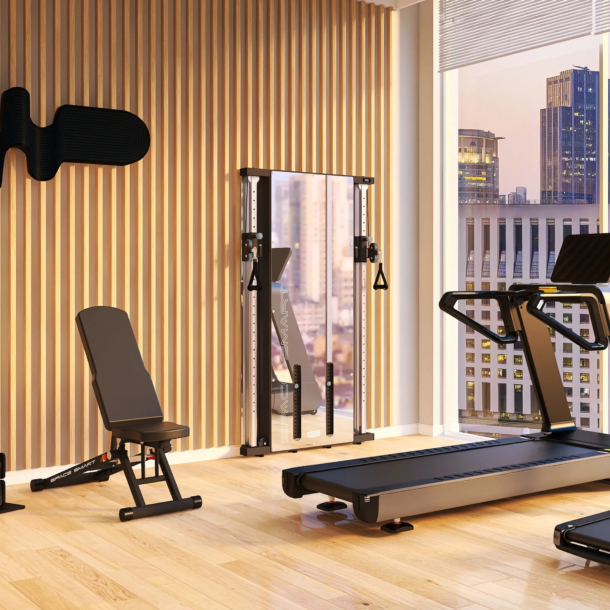 SpaceSmart Double Stack Wall-Mounted Functional Trainer, Black - Optimized for Compact Spaces