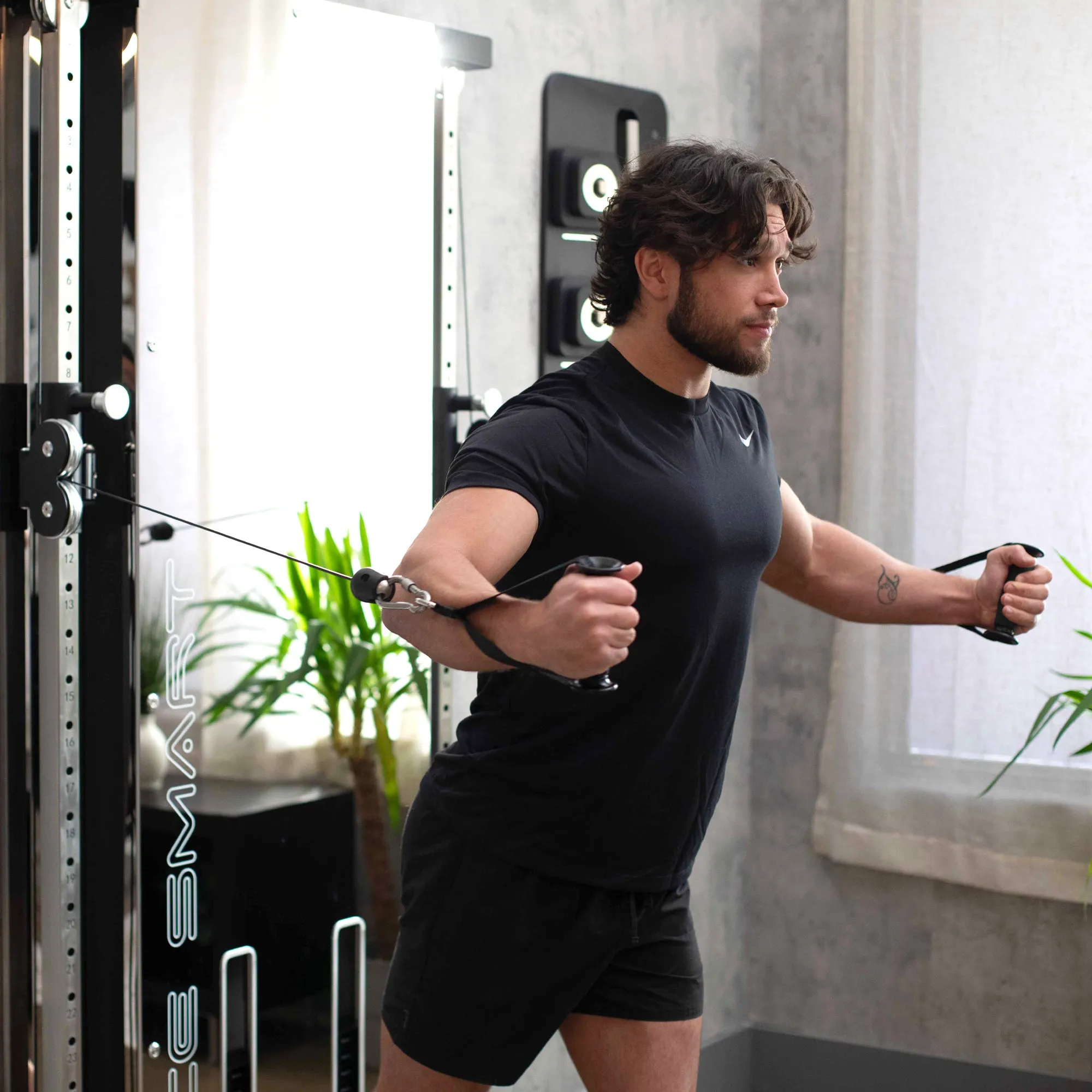 SpaceSmart Double Stack Wall-Mounted Functional Trainer, Black - Optimized for Compact Spaces