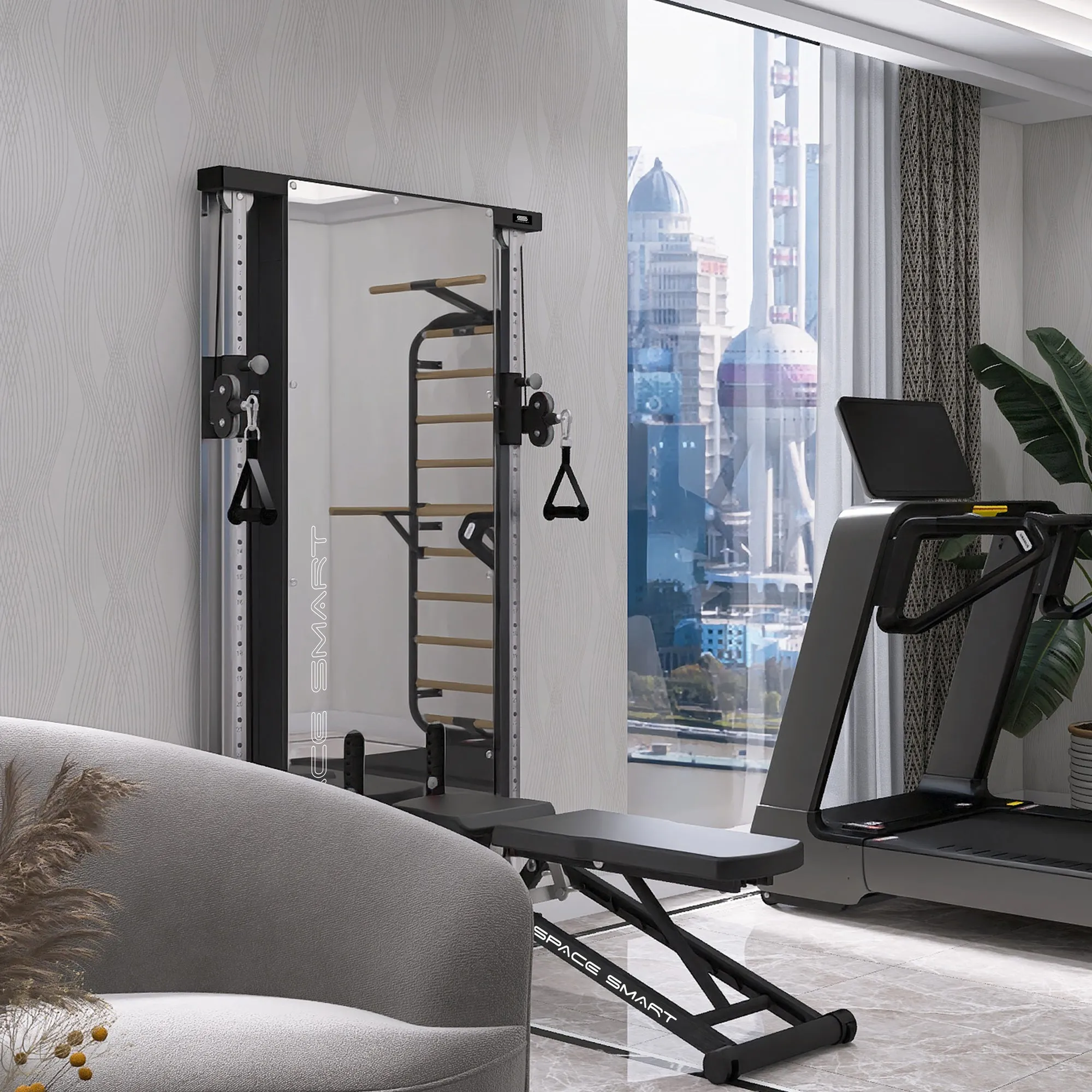 SpaceSmart Double Stack Wall-Mounted Functional Trainer, Black - Optimized for Compact Spaces