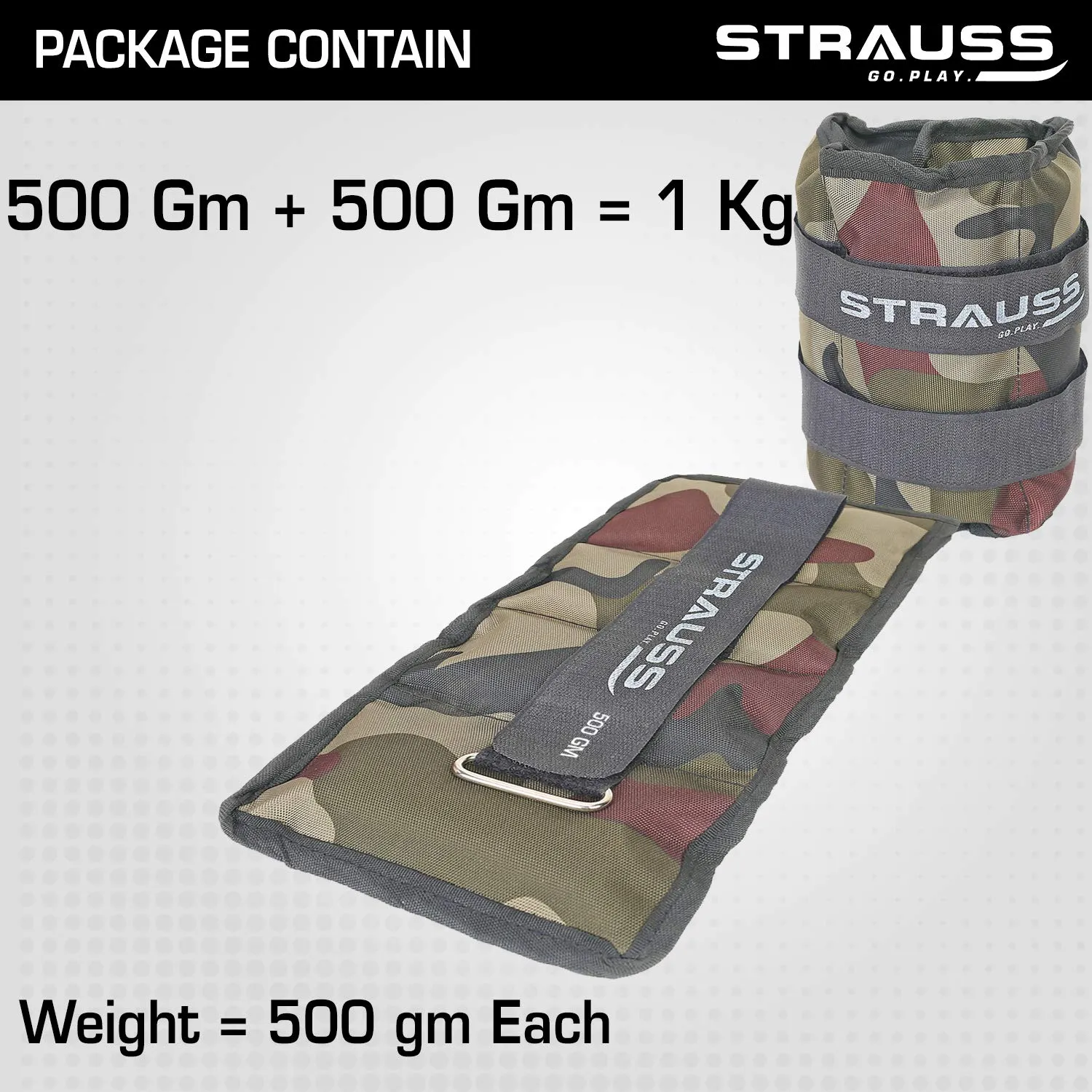 Strauss Adjustable Ankle/Wrist Weights 0.5 KG X 2 | Ideal for Walking, Running, Jogging, Cycling, Gym, Workout & Strength Training | Easy to Use on Ankle, Wrist, Leg, (Camouflage)