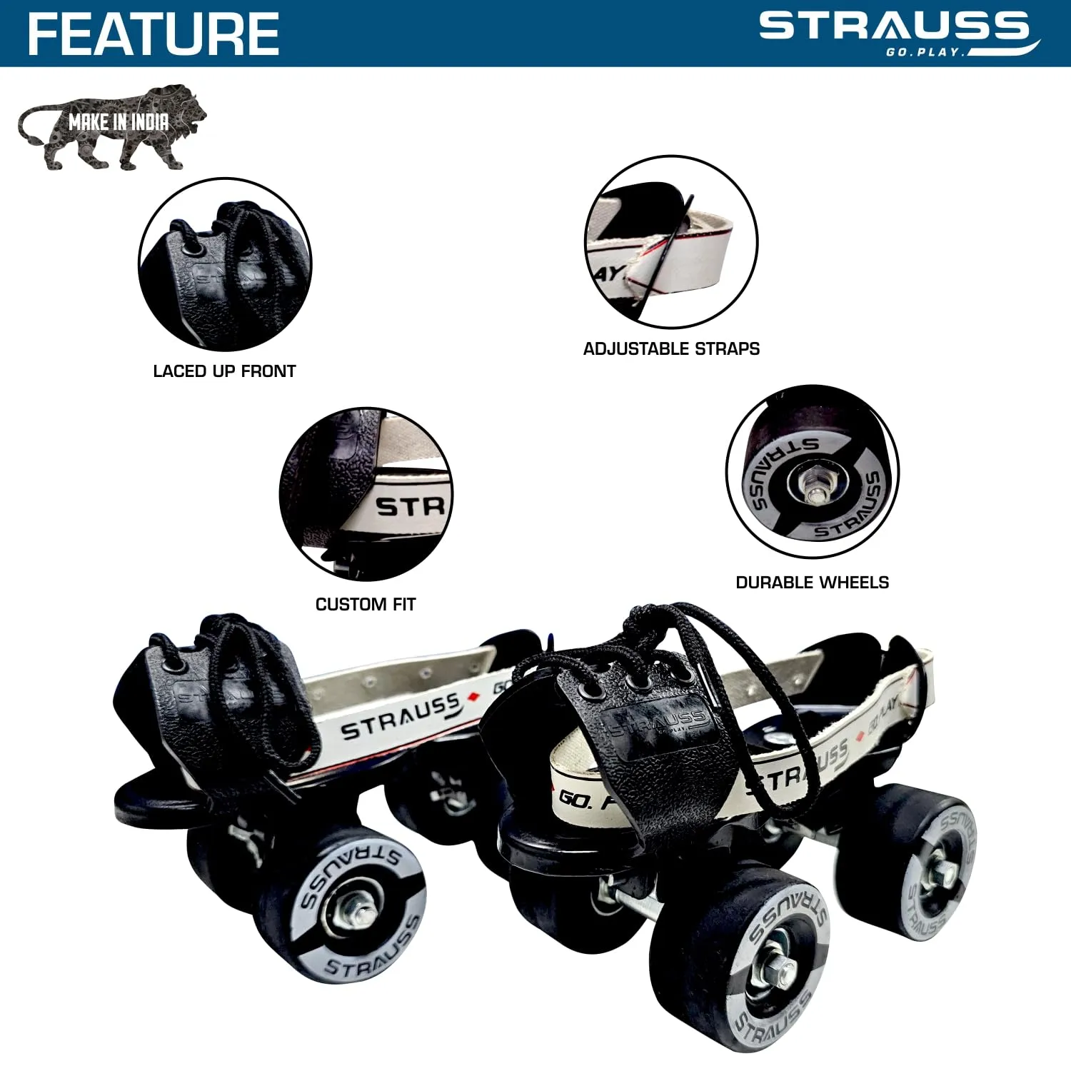 STRAUSS Unisex Senior Tenacity Roller Skates | Roller Blades for Kids | Adjustable Shoe Size | Ideal for Indoor and Outdoor Skating | Suitable for Age Group Above 6 Years | Weight Capacity 80kgs,Black