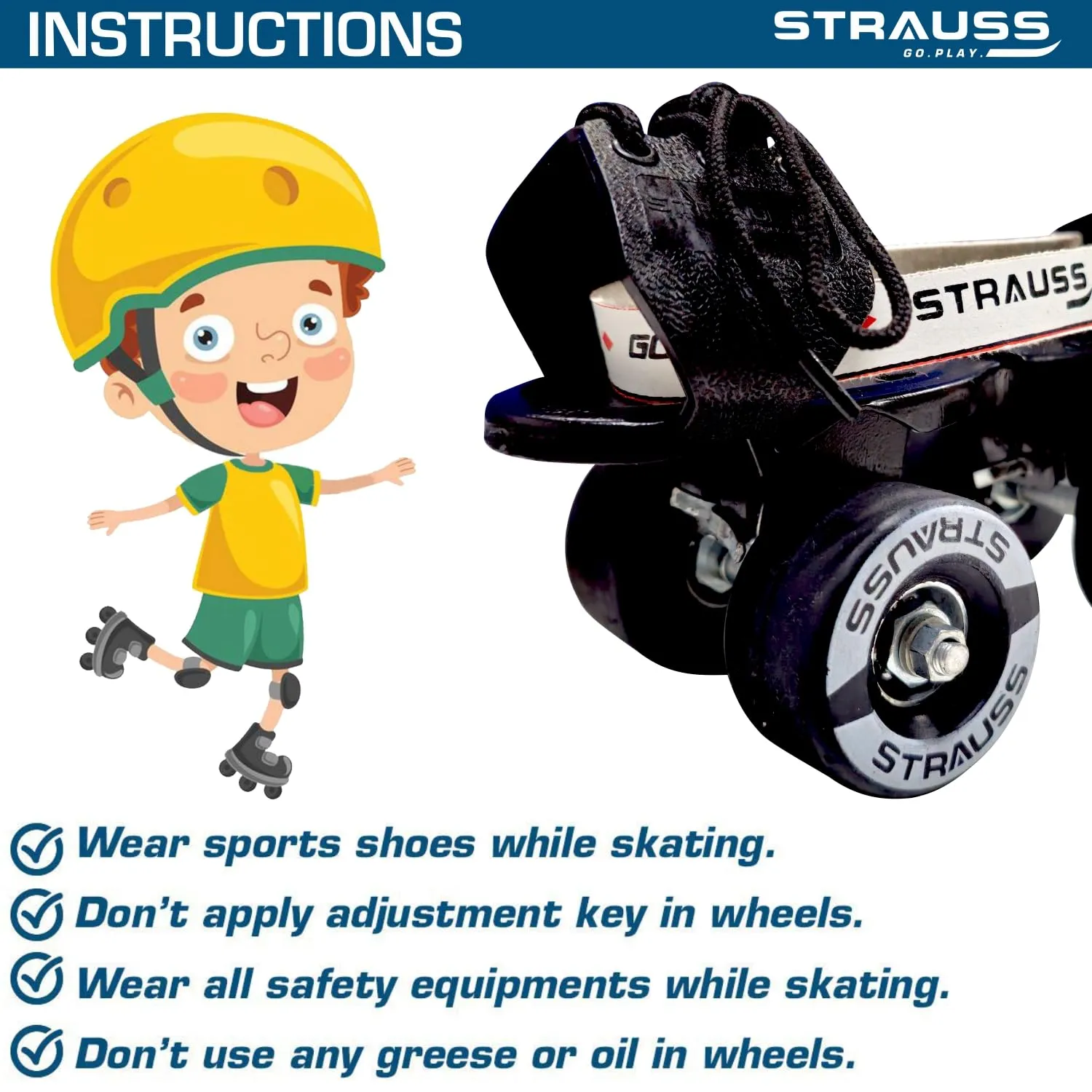STRAUSS Unisex Senior Tenacity Roller Skates | Roller Blades for Kids | Adjustable Shoe Size | Ideal for Indoor and Outdoor Skating | Suitable for Age Group Above 6 Years | Weight Capacity 80kgs,Black