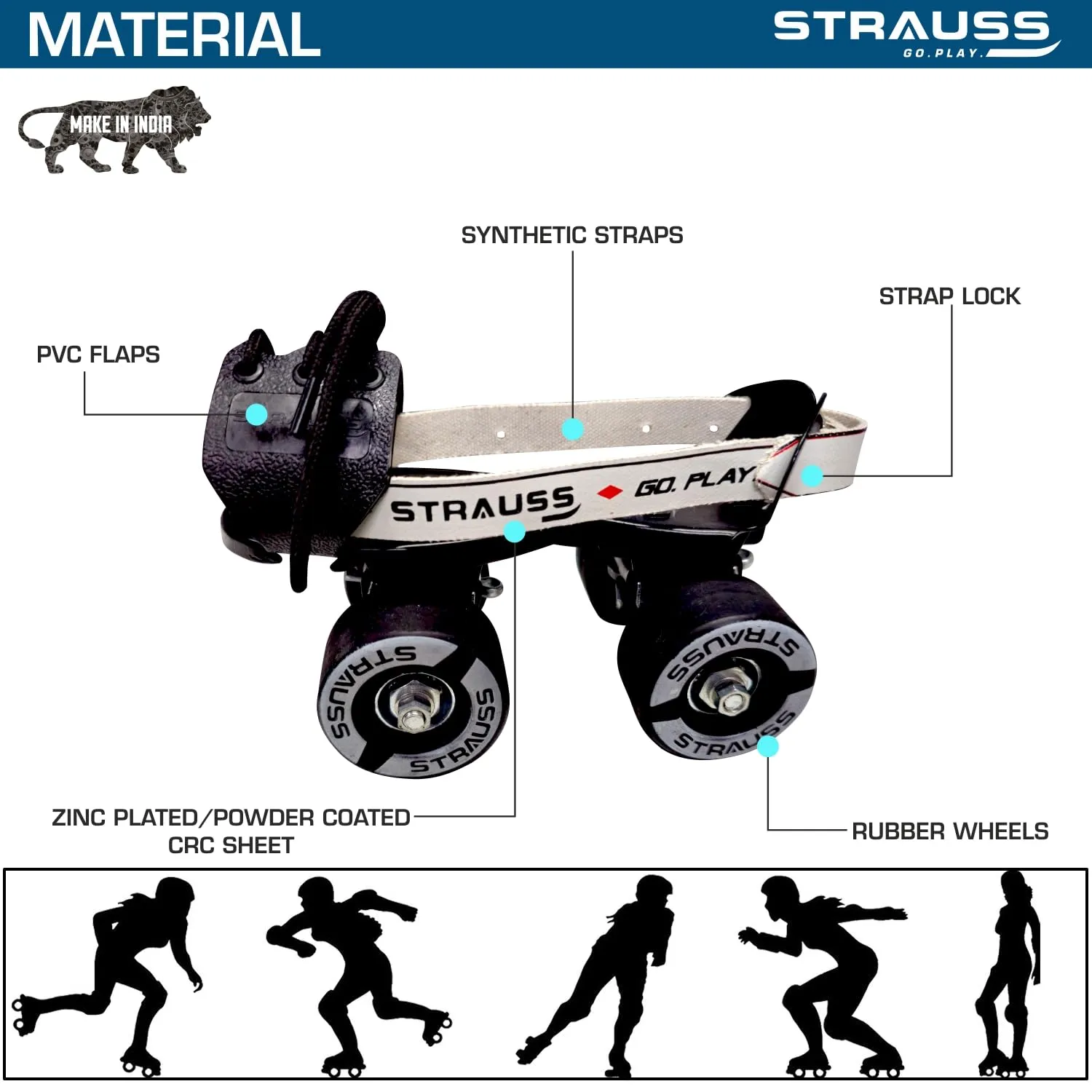 STRAUSS Unisex Senior Tenacity Roller Skates | Roller Blades for Kids | Adjustable Shoe Size | Ideal for Indoor and Outdoor Skating | Suitable for Age Group Above 6 Years | Weight Capacity 80kgs,Black