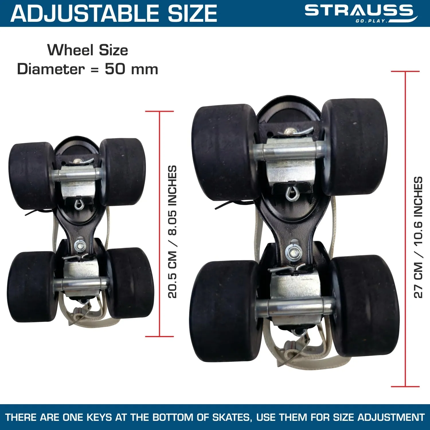 STRAUSS Unisex Senior Tenacity Roller Skates | Roller Blades for Kids | Adjustable Shoe Size | Ideal for Indoor and Outdoor Skating | Suitable for Age Group Above 6 Years | Weight Capacity 80kgs,Black