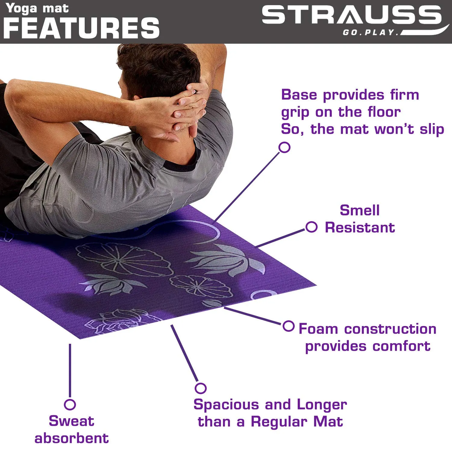 Strauss Yoga Mat 6mm (Floral), Yoga Block (Purple) Pair and Yoga Belt (Blue)