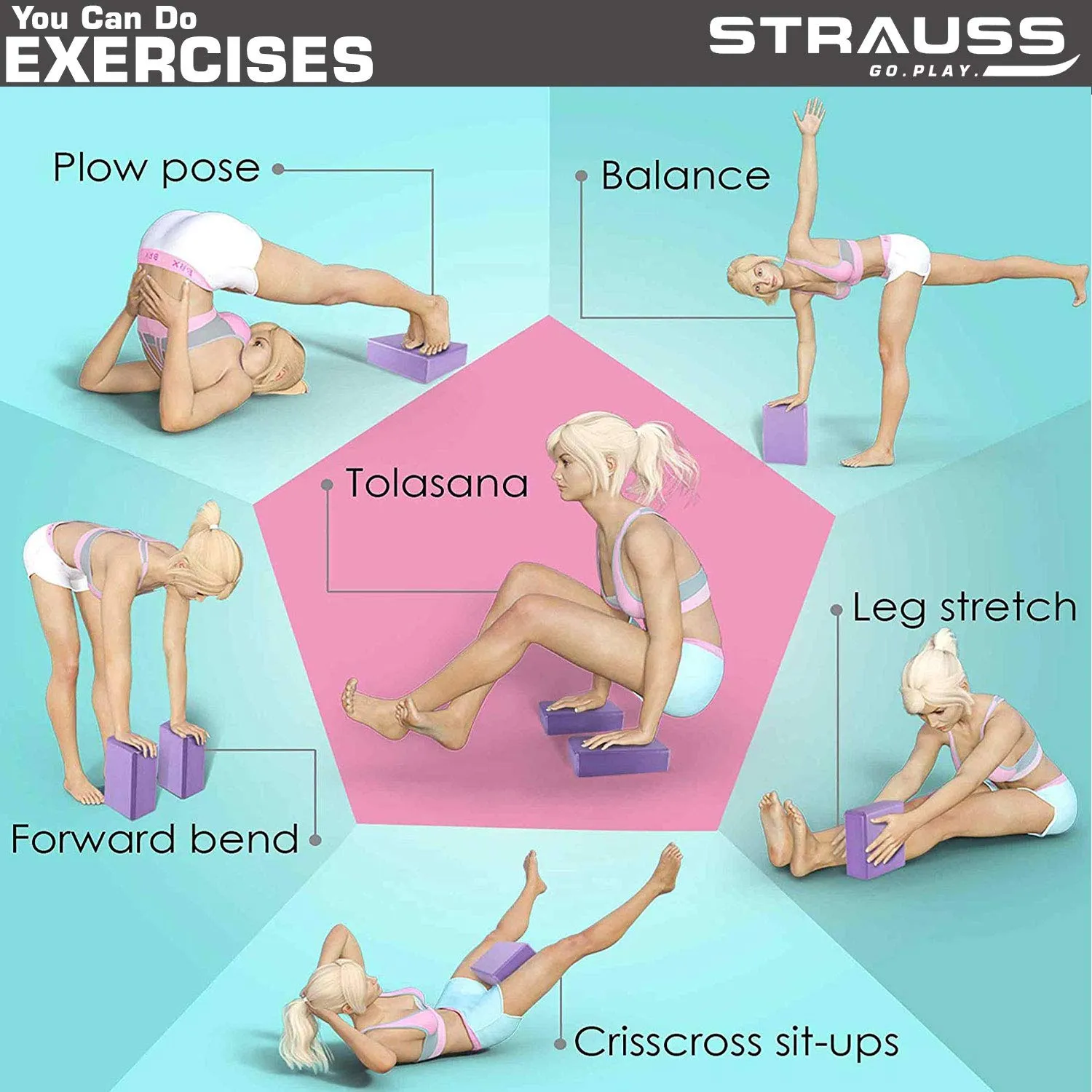 Strauss Yoga Mat 6mm (Floral), Yoga Block (Purple) Pair and Yoga Belt (Blue)