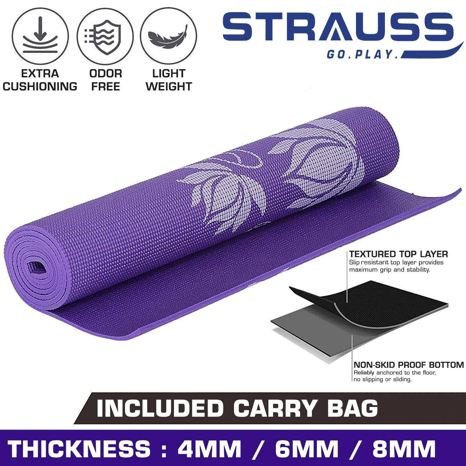 Strauss Yoga Mat 6mm (Floral), Yoga Block (Purple) Pair and Yoga Belt (Blue)