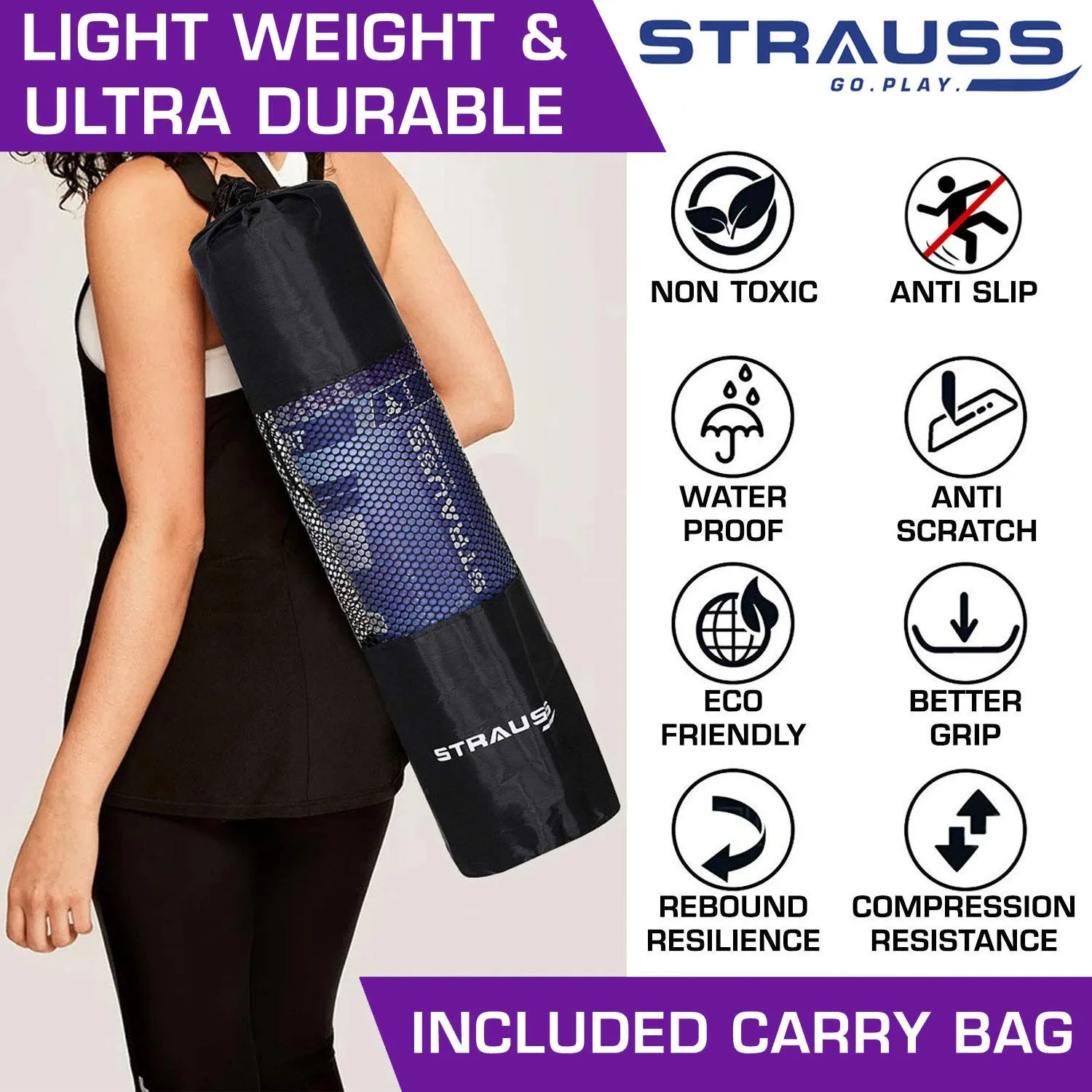 Strauss Yoga Mat 6mm (Floral), Yoga Block (Purple) Pair and Yoga Belt (Blue)