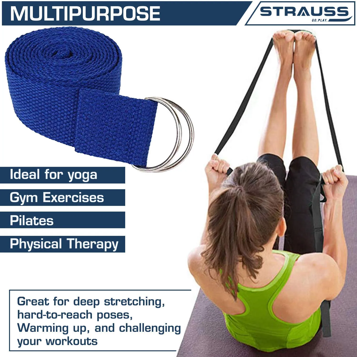Strauss Yoga Mat 6mm (Floral), Yoga Block (Purple) Pair and Yoga Belt (Blue)