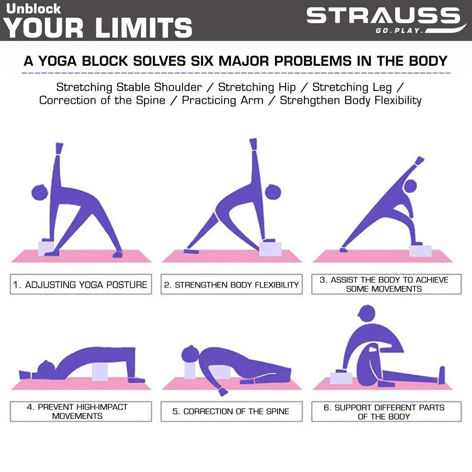 Strauss Yoga Mat 6mm (Floral), Yoga Block (Purple) Pair and Yoga Belt (Blue)