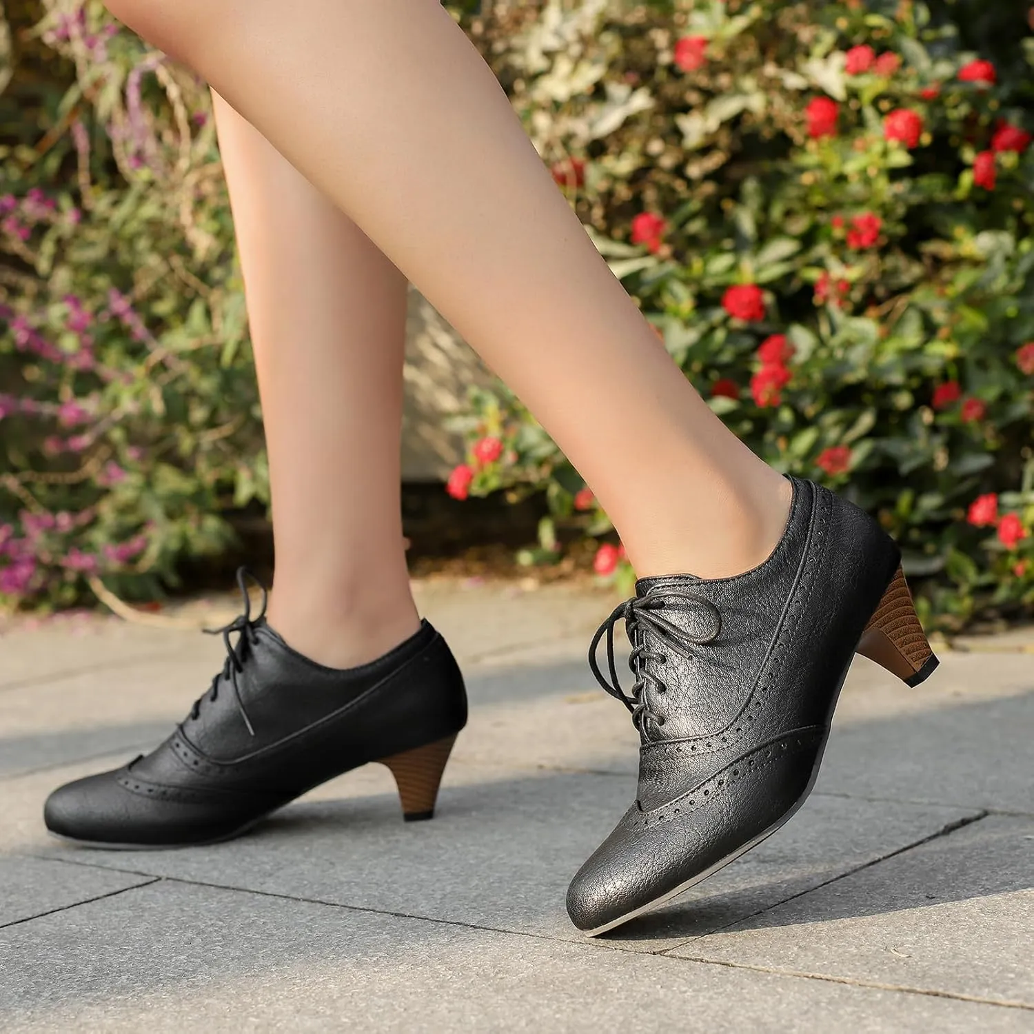 Women's Brown Classic Leather Stacked Heel Dress Mary Jane Round Toe Elegant Office Pumps