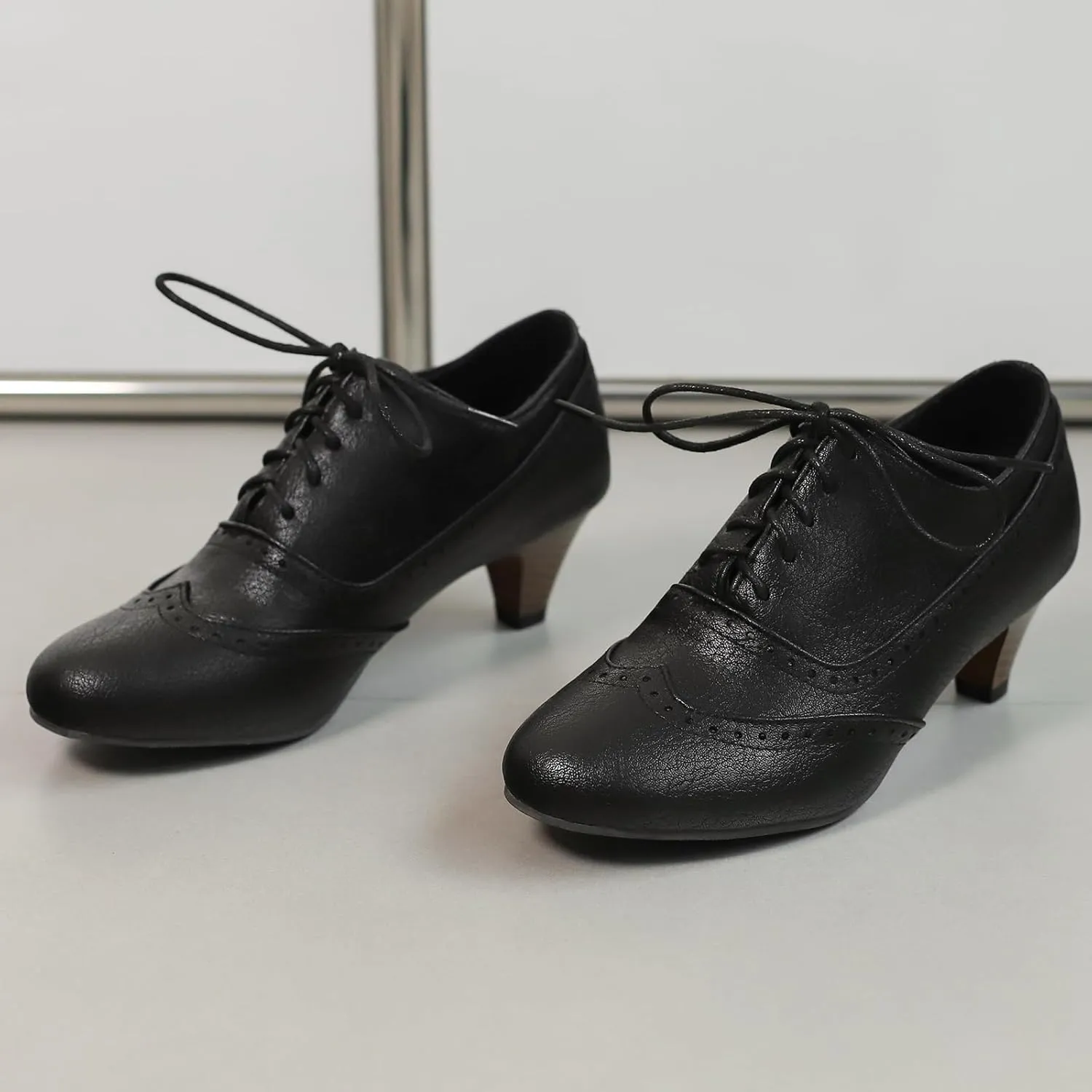 Women's Brown Classic Leather Stacked Heel Dress Mary Jane Round Toe Elegant Office Pumps