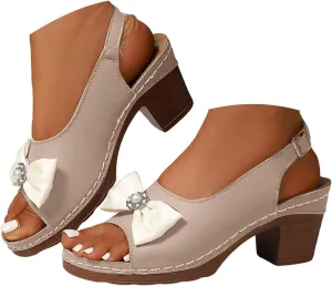 Women's Heeled Sandals Peep Toe Cute Knot Bow Block Womens Chunky Heels Back Strap Sandal Casual Comfortable Summer Backless Buckle Sandals Fashion Comfortable Pumps Dress Shoes