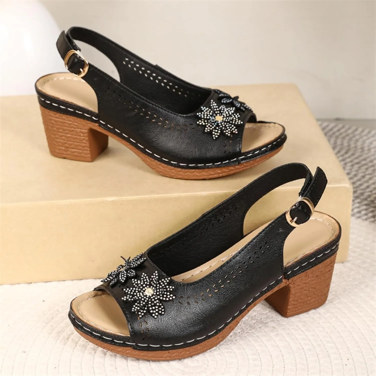 Womens Open Toe Chunky Heel Sandals Dressy Flowers Sandals 2025 Summer Casual Leather Ankle Strap Slingback Platform Heeled Sandal Comfortable Block Heels Ladies Pumps Shoes