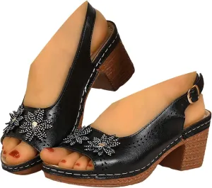 Womens Open Toe Chunky Heel Sandals Dressy Flowers Sandals 2025 Summer Casual Leather Ankle Strap Slingback Platform Heeled Sandal Comfortable Block Heels Ladies Pumps Shoes
