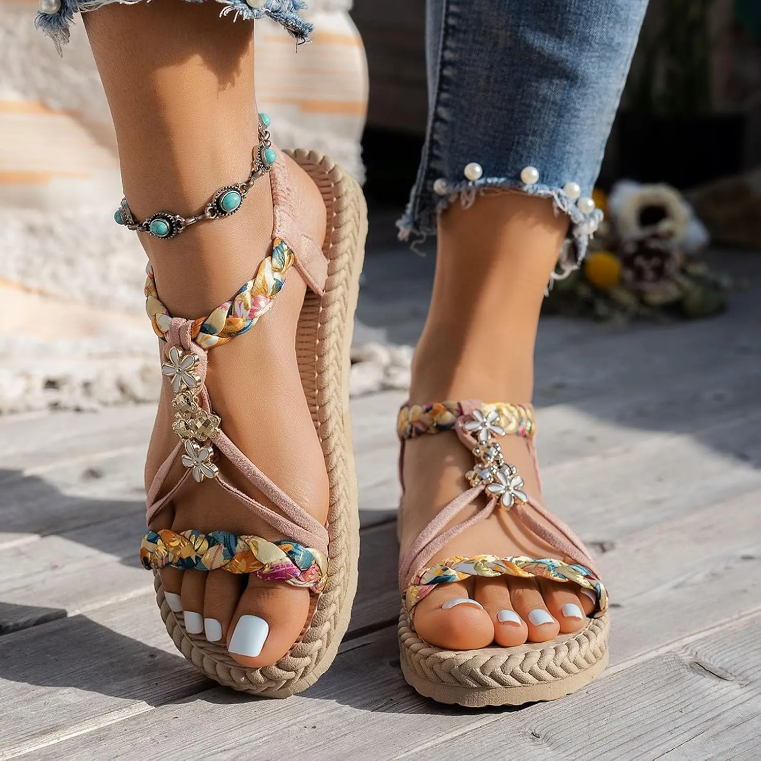Women's Thick Soled Sandals Hollow Beach Elastic Ankle Strap Vacation Shoes Elegant Bohemian Dress Sandals